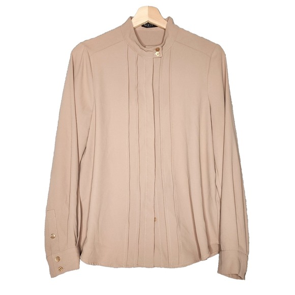 MOTF Tops - Motf Secretary Pleated Mock Neck Long Sleeve Hidden Button Down Blouse Tan S